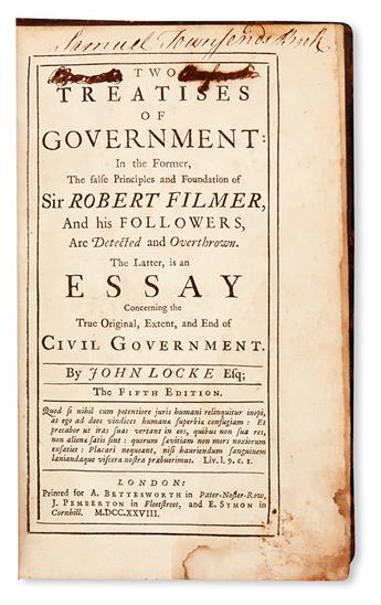 POLITICAL THOUGHT  LOCKE, JOHN.  Two Treatises of Government.  1728